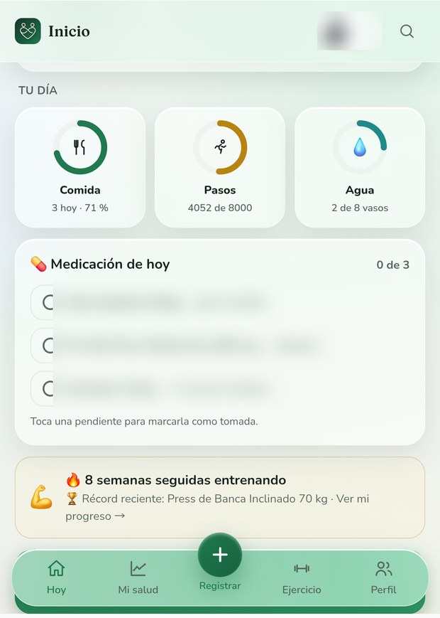 Pantalla del día con medicación pendiente y racha de entrenamiento
